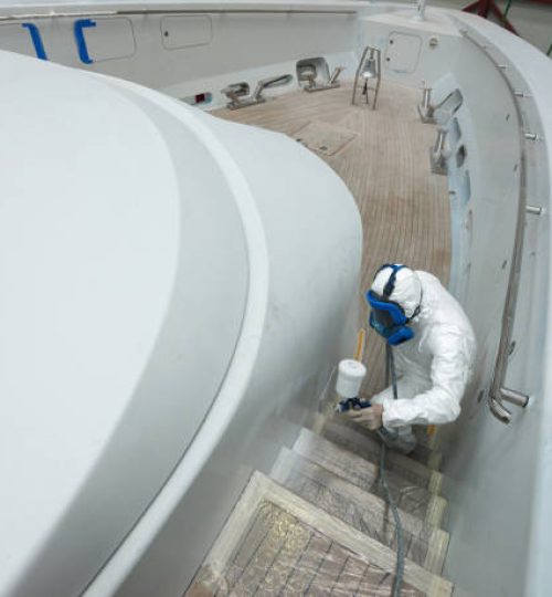 Luxury yacht coating & painting in a shipyard